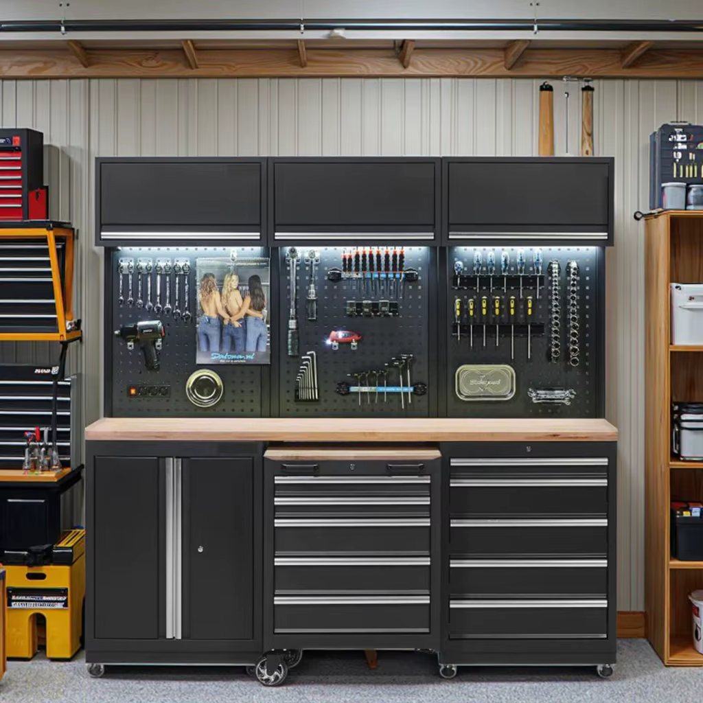 Armoire à outils avec plan de travail intégré en acier inoxydable et crochets latéraux