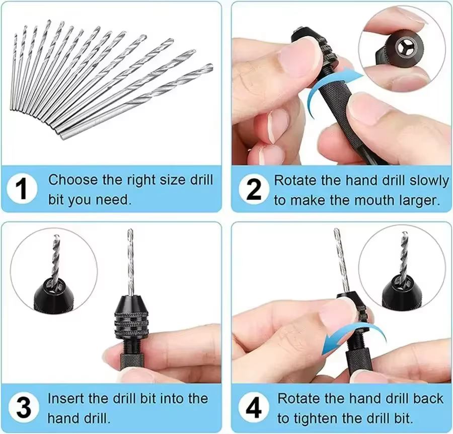 Mini ensemble d'outils avec perceuse hélicoïdale à main noire