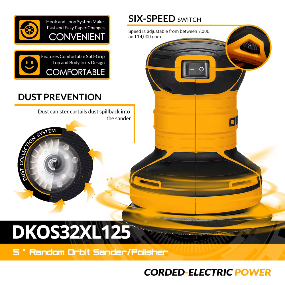 DEKO DKOS32XL125 320W Speed 14000pm Random Orbit Sander Carpenter Strong Dust Collection Polisher Home DIY