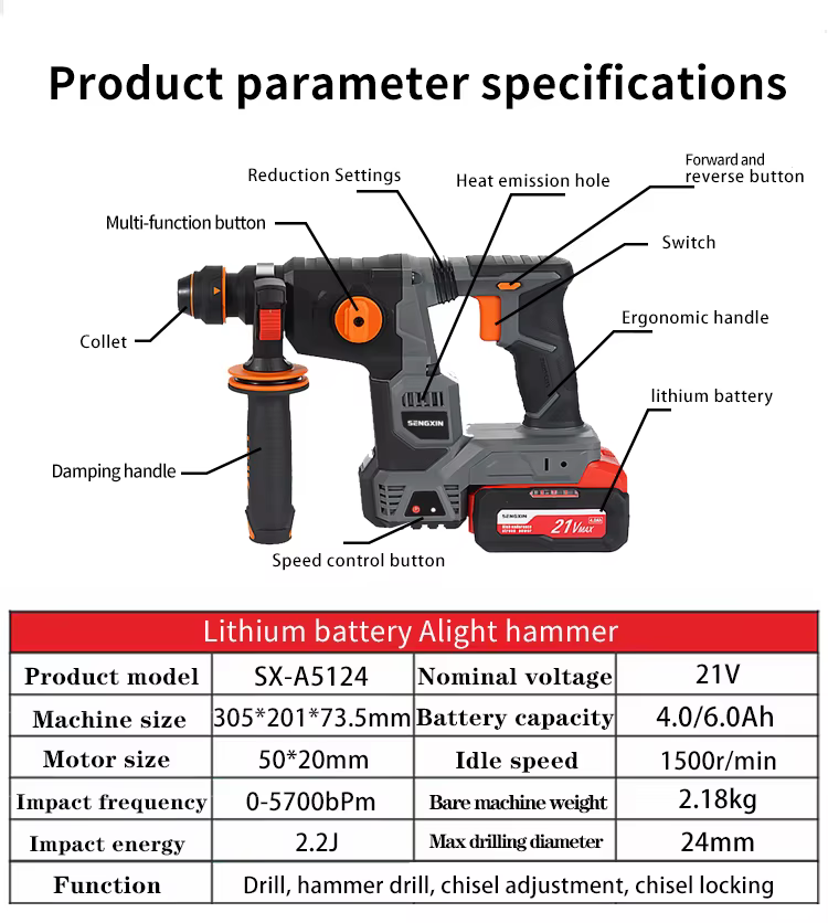 Marteau perforateur rotatif sans fil 20V 800W haute performance avec chargeur rapide