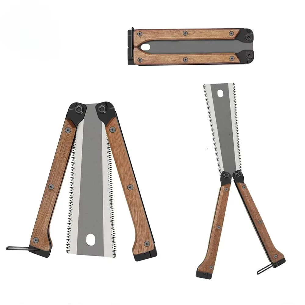 Scie à main pliante de style japonais à double tranchant avec manche en bois pour le travail