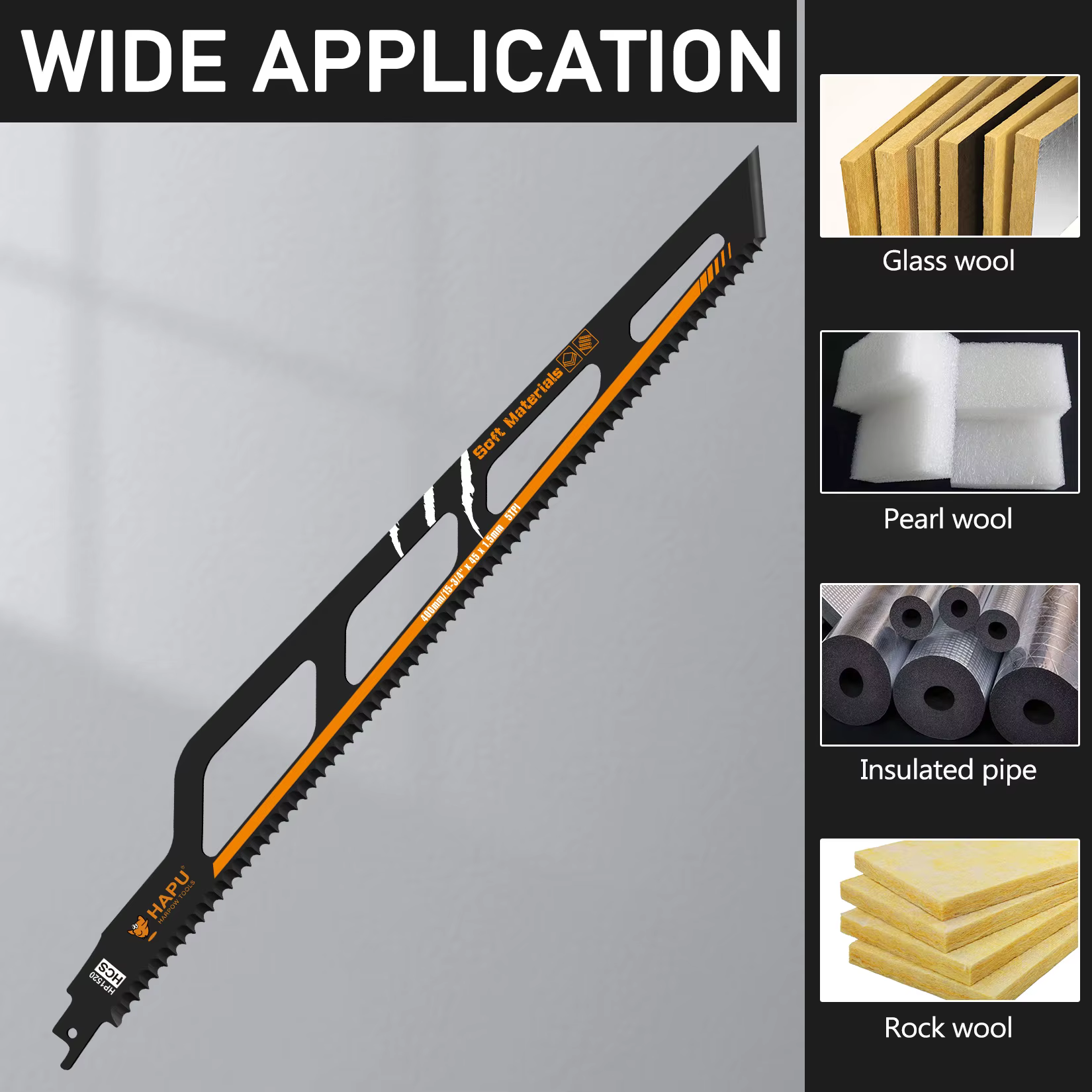 Lame de scie sabre HCS 5TPI de 400 mm pour la coupe d'isolation en laine de roche