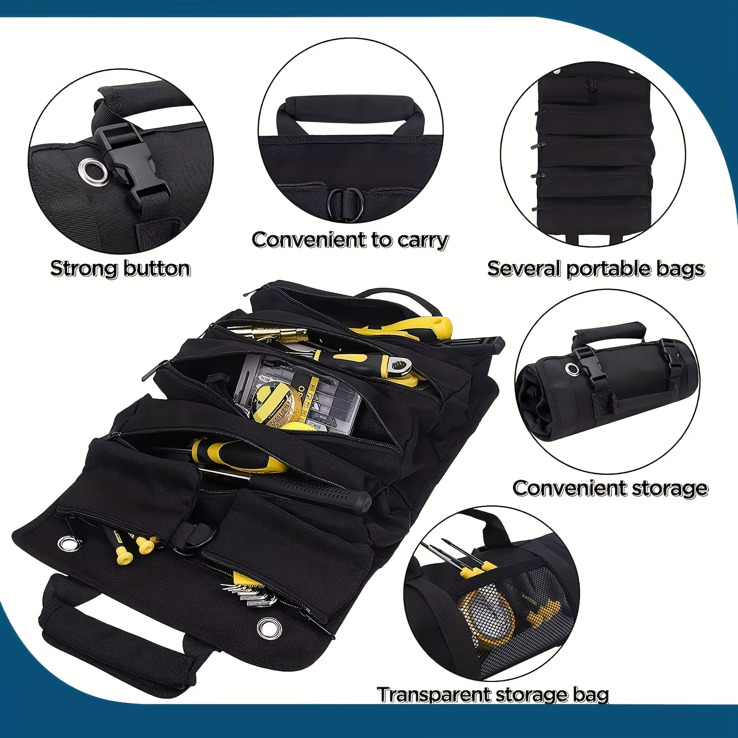 Organisateur de sac à outils-petit sac à outils avec pochettes détachables, organisateur de sac à outils enroulable robuste avec 6 pochettes à outils