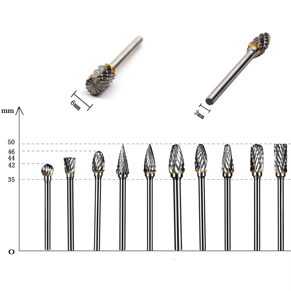 10 pièces 3mm tige en acier au tungstène fraise diamant coupe rotatif Dremel outils électrique meulage outil