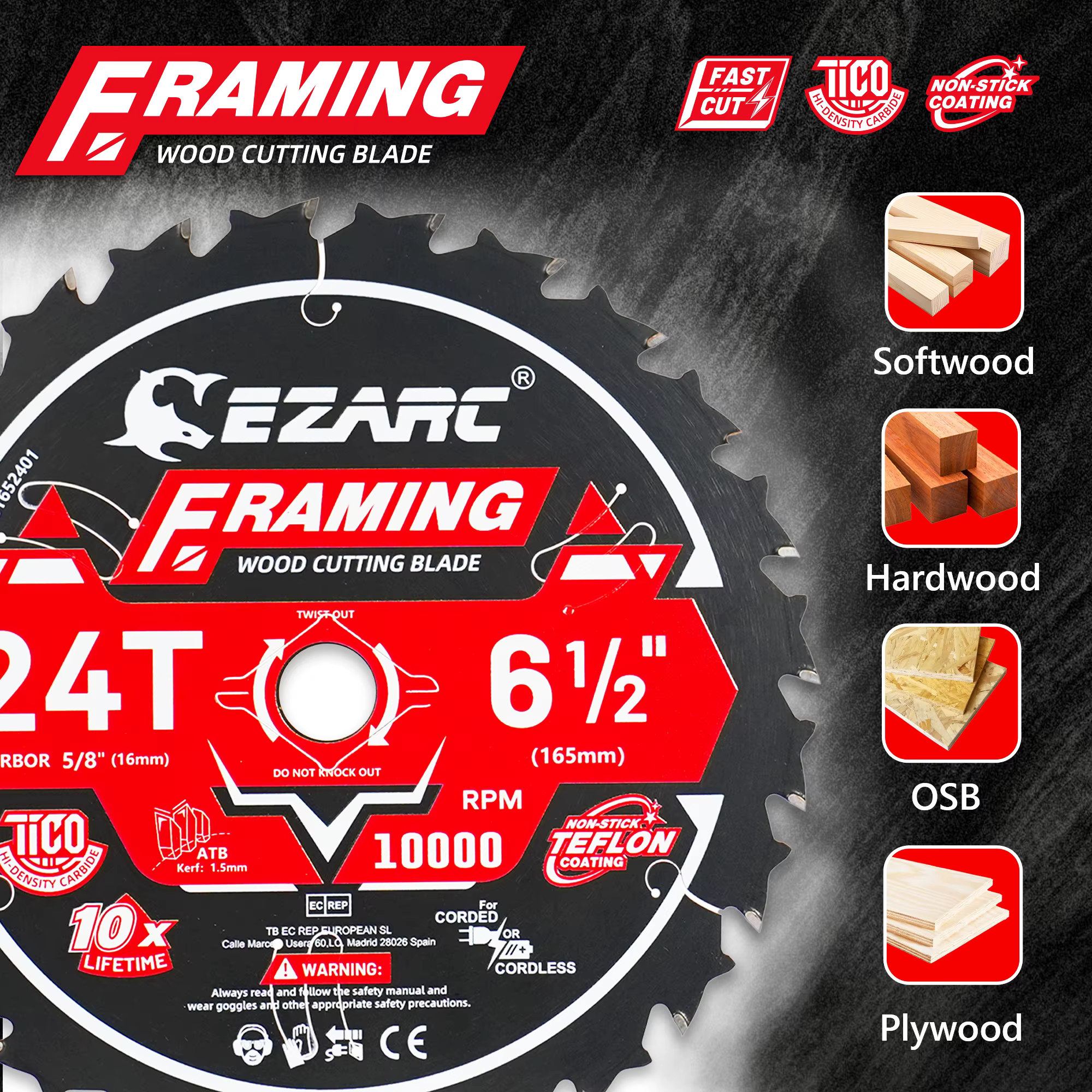 Lame de scie circulaire EZARC 6-1/2 pouces 24T/40T/60T