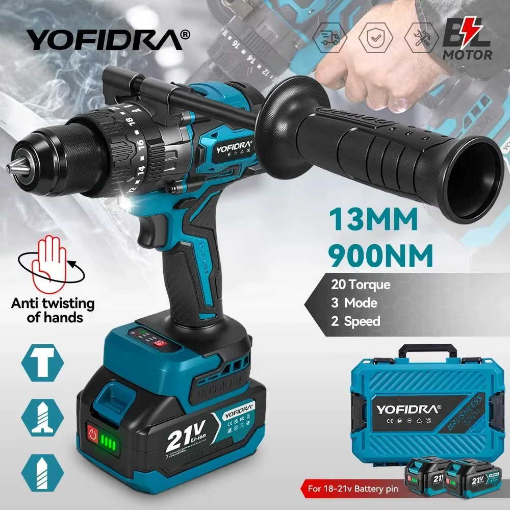 YOFIDRA 900N.M 3200 tr/min perceuse à percussion électrique sans brosse 13mm marteau
