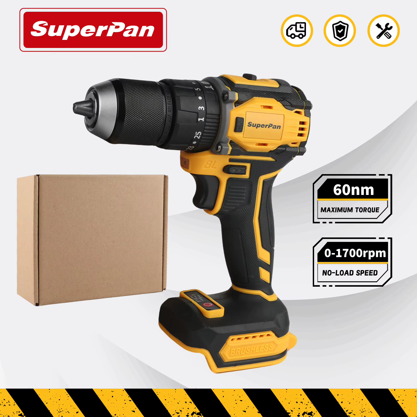 Perceuse-visseuse sans fil 60 Nm à couple élevé 1700 tr/min, outil électrique sans balais SuperPan pour le bois et le métal, outil seul