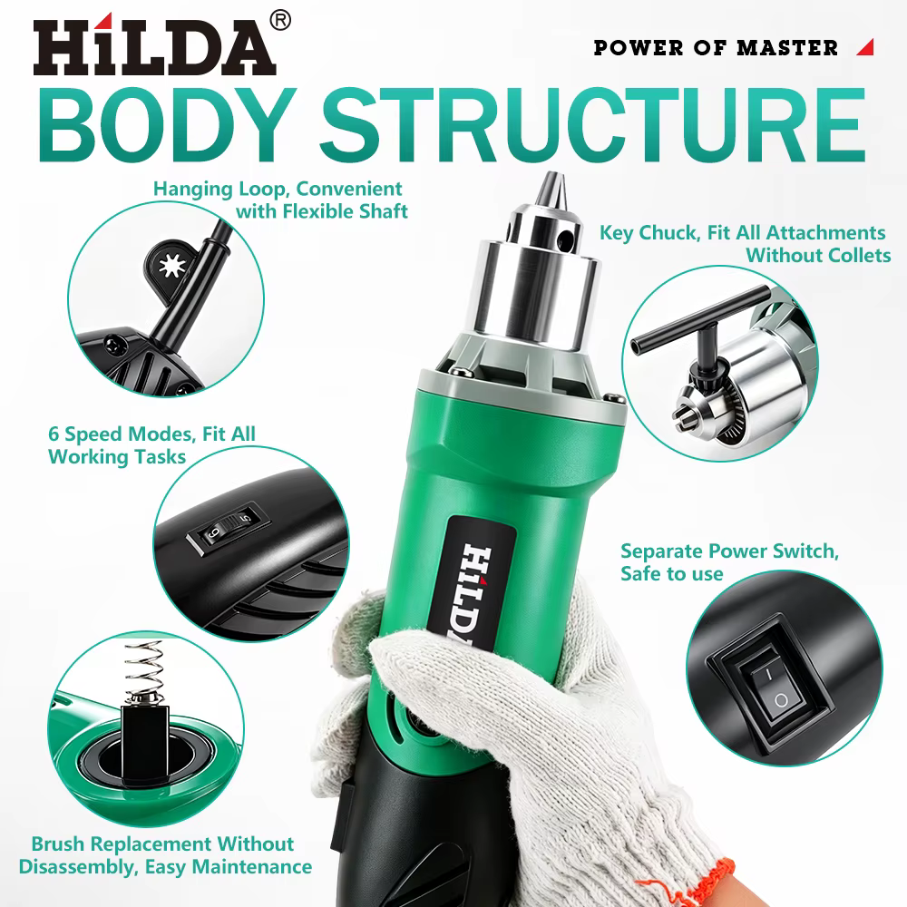 HILDA 500W vert graveur perceuse électrique 6 positions vitesse Variable haute puissance travail du bois outils rotatifs ensemble meuleuse polissage