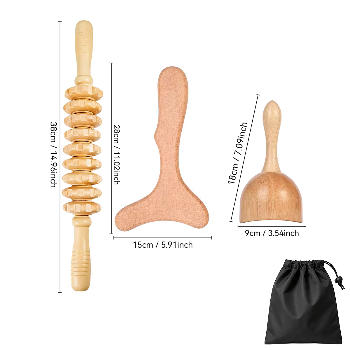 Kit d'outils de massage en bois avec sac noir - Masseur en bois naturel pour le corps entier, soulagement des douleurs musculaires et bien-être