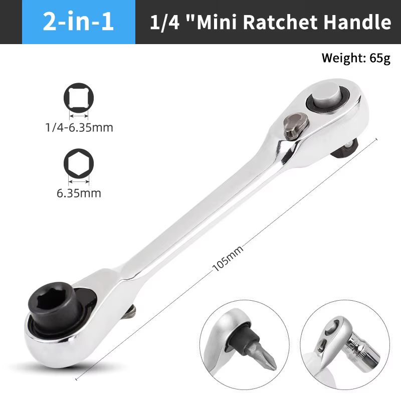 Mini clé à cliquet 1/4 avec tournevis à douille rapide double face