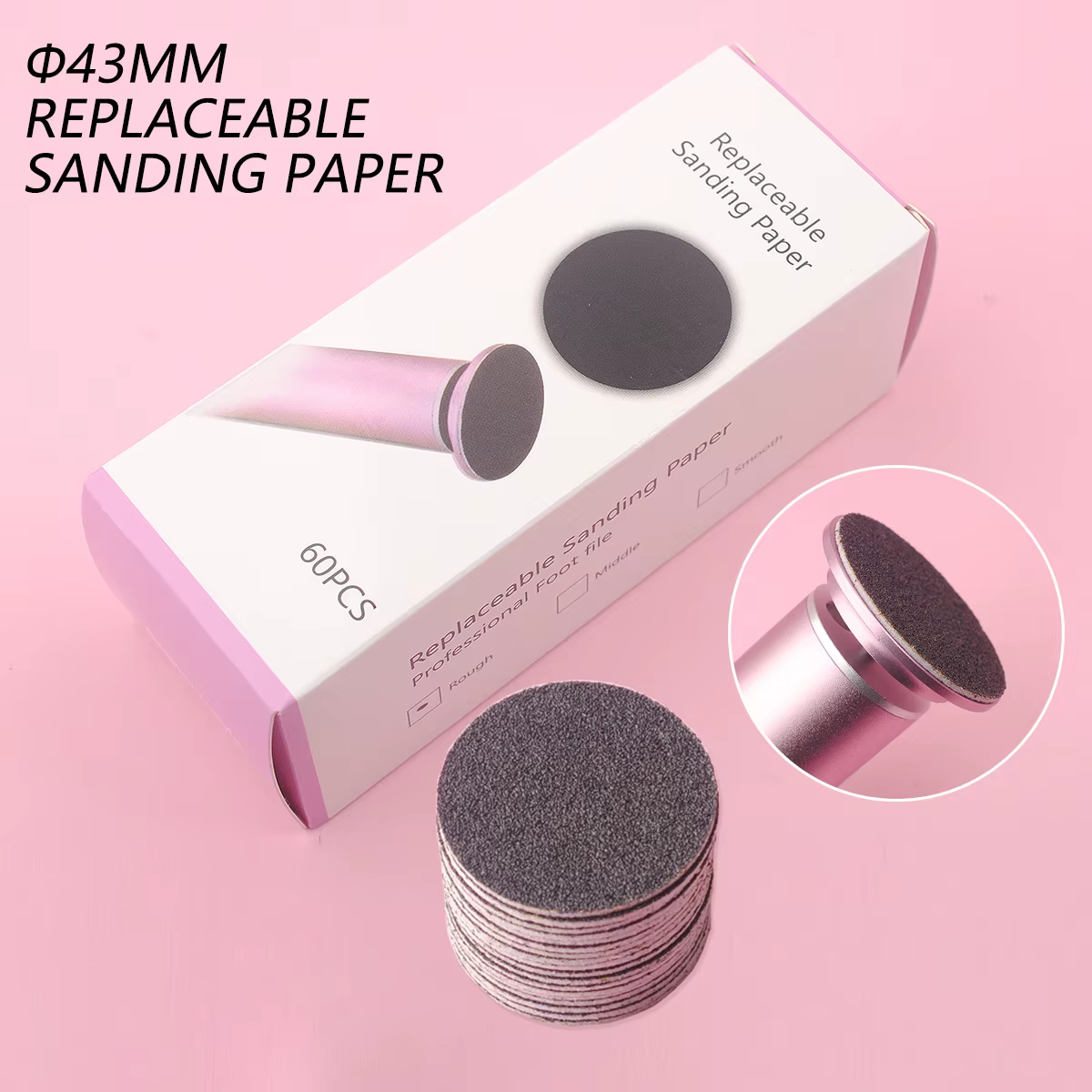 Papier de verre pour peau morte des pieds, 43mm, 60 pièces/boîte, pour lime à ongles électrique, callosités et cuticules, papier de ponçage remplaçable, pédicure professionnelle