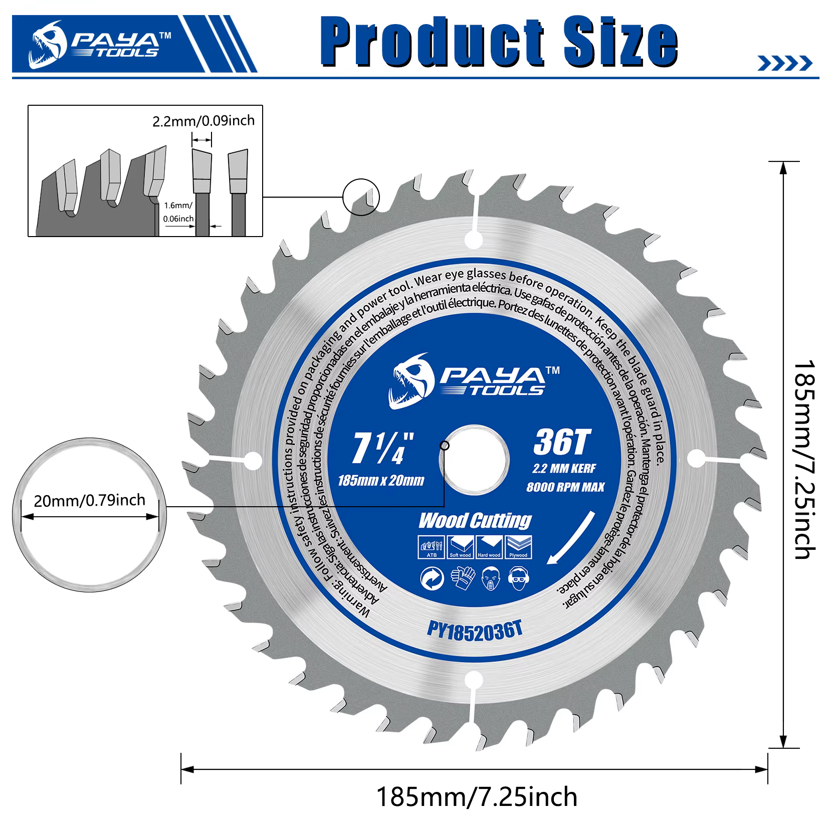 Lame de scie circulaire PAYA 185 mm (7-1/4 pouces) à 36 dents TCT ATB pour charpente