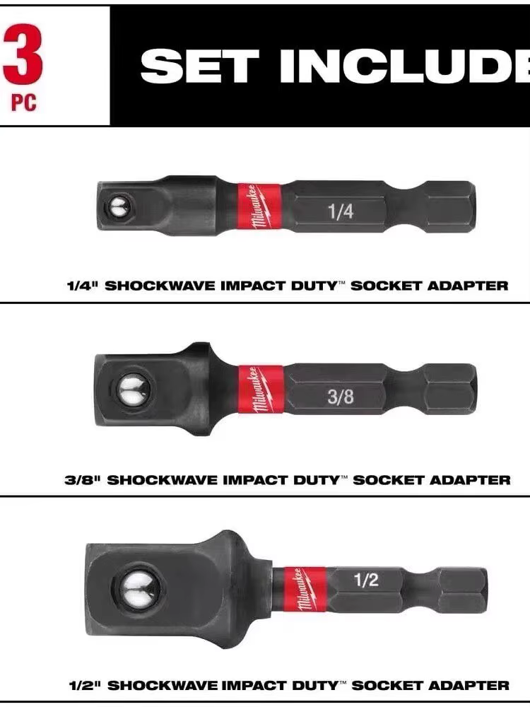 Milwaukee 48-32-5033 SHOCKWAVE Ensemble d'adaptateurs de douilles à tige hexagonale 3 pièces en acier allié durable