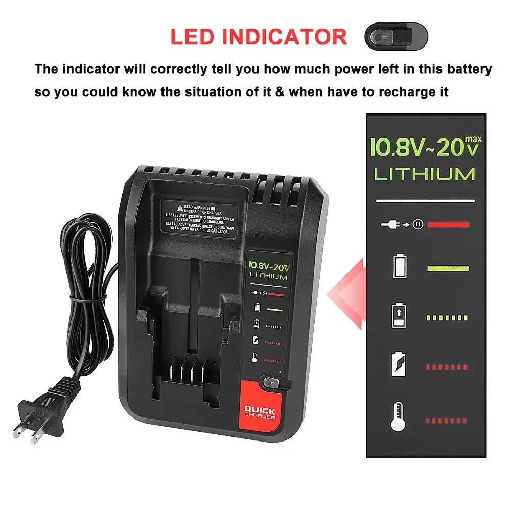 Batterie pour Black & Decker 20V Lader Eddie Ion Oplader, vitation Kabel Stanley 10.8V 14.4V 18V PCC690L L2ADavid FMC690L FMC688L