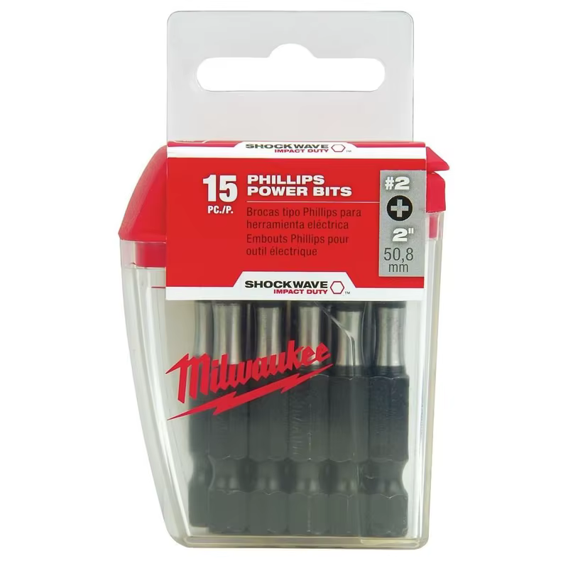 Embouts d'impact Milwaukee PH2 2" (50 mm) – Lot de 15 – Shock Wave 50X LIFE avec boîte en plastique transparente – 48-32-5004