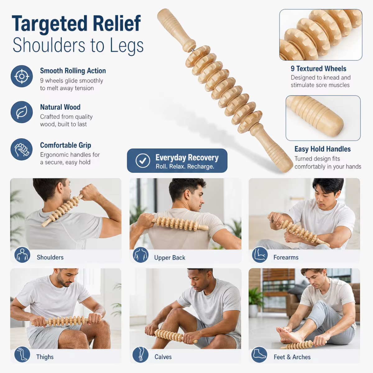 Ensemble d'outils de massage en bois, outil de modelage corporel en bois pour lutter contre la cellulite, le drainage lymphatique, soulager les douleurs musculaires