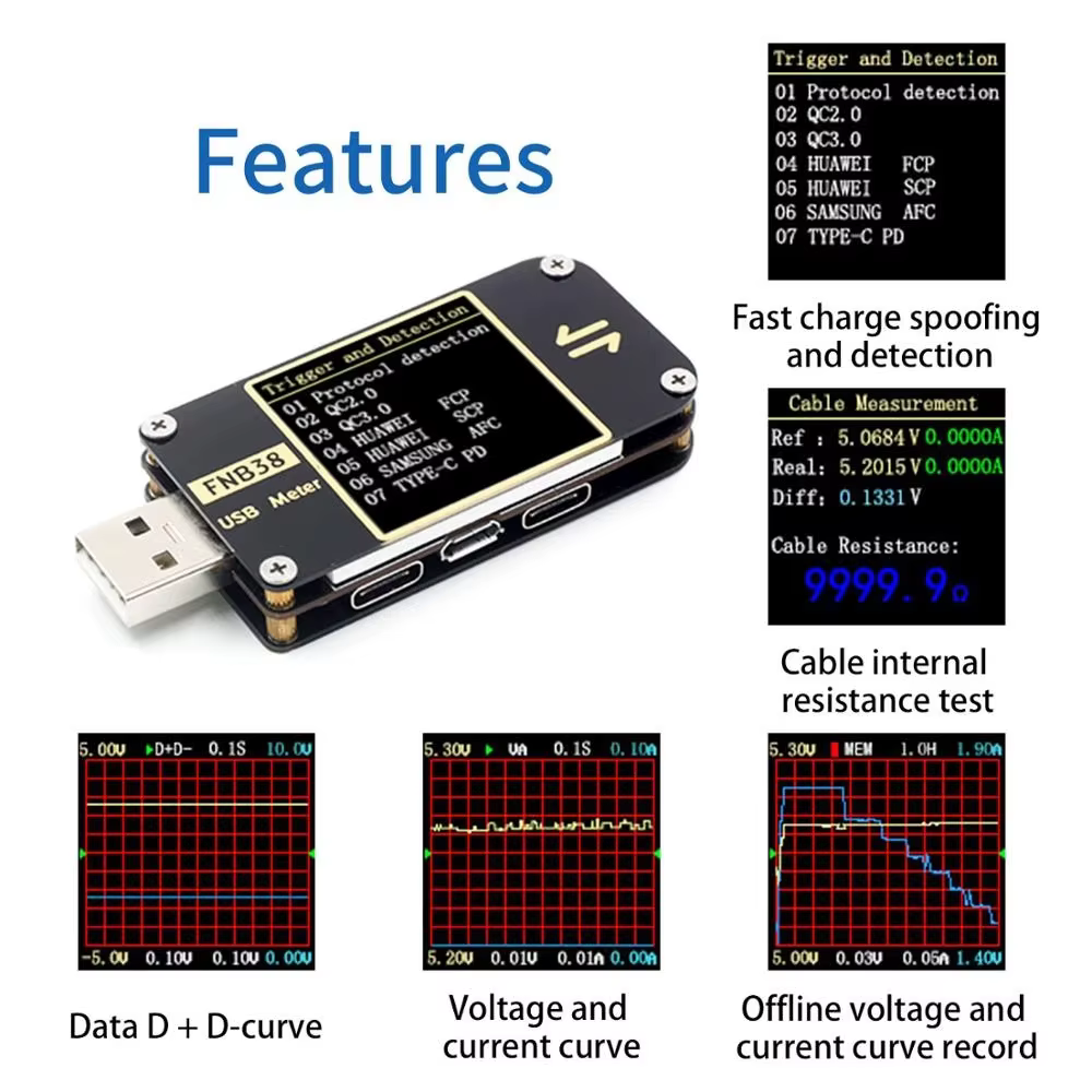 FNIRSI FNB38 compteur de courant et de tension testeur USB QC4 + PD3.0 2.0 PPS Test de capacité du protocole de charge rapide