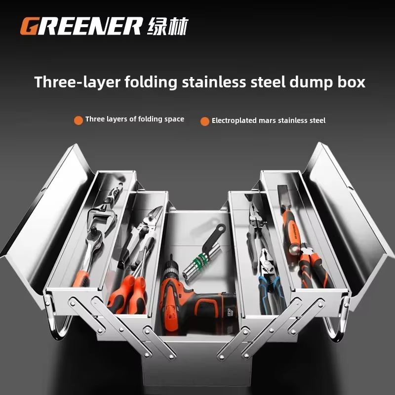 Boîte à outils en acier inoxydable pour usage industriel et domestique avec conception pliable et espace de rangement à 3 couches DC