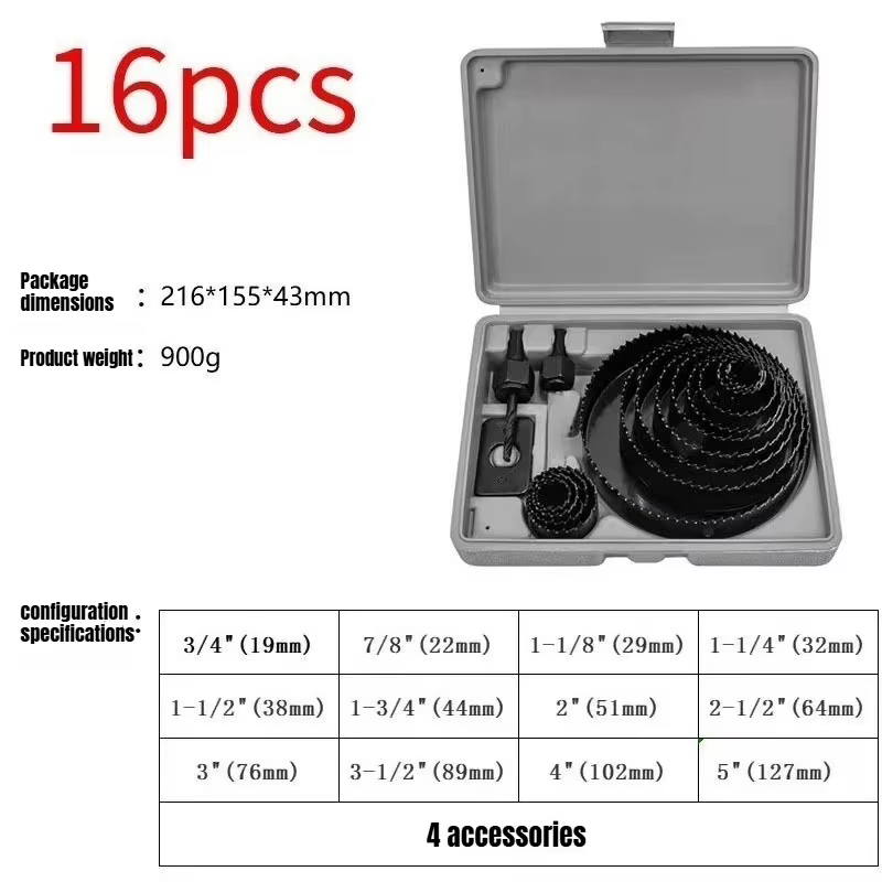 JUSTINLAU 16 pièces de 19-127mm scie cloche pour le travail du bois boîte en plastique ensemble outil de forage de