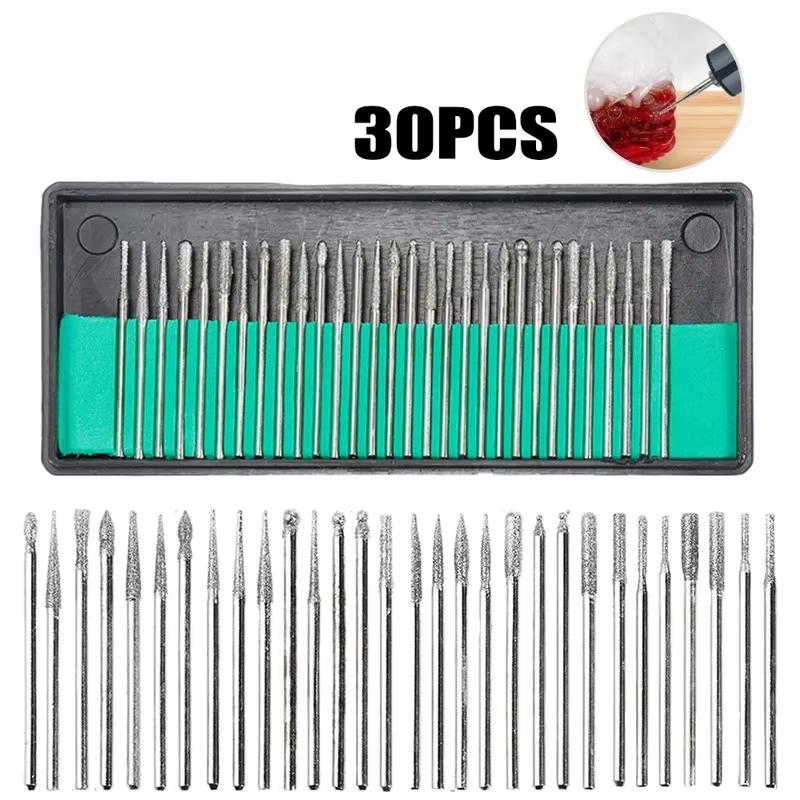 Jeu de 30 fraises diamantées avec étui – tige 2.35/3mm pour outils Dremel et rotatifs