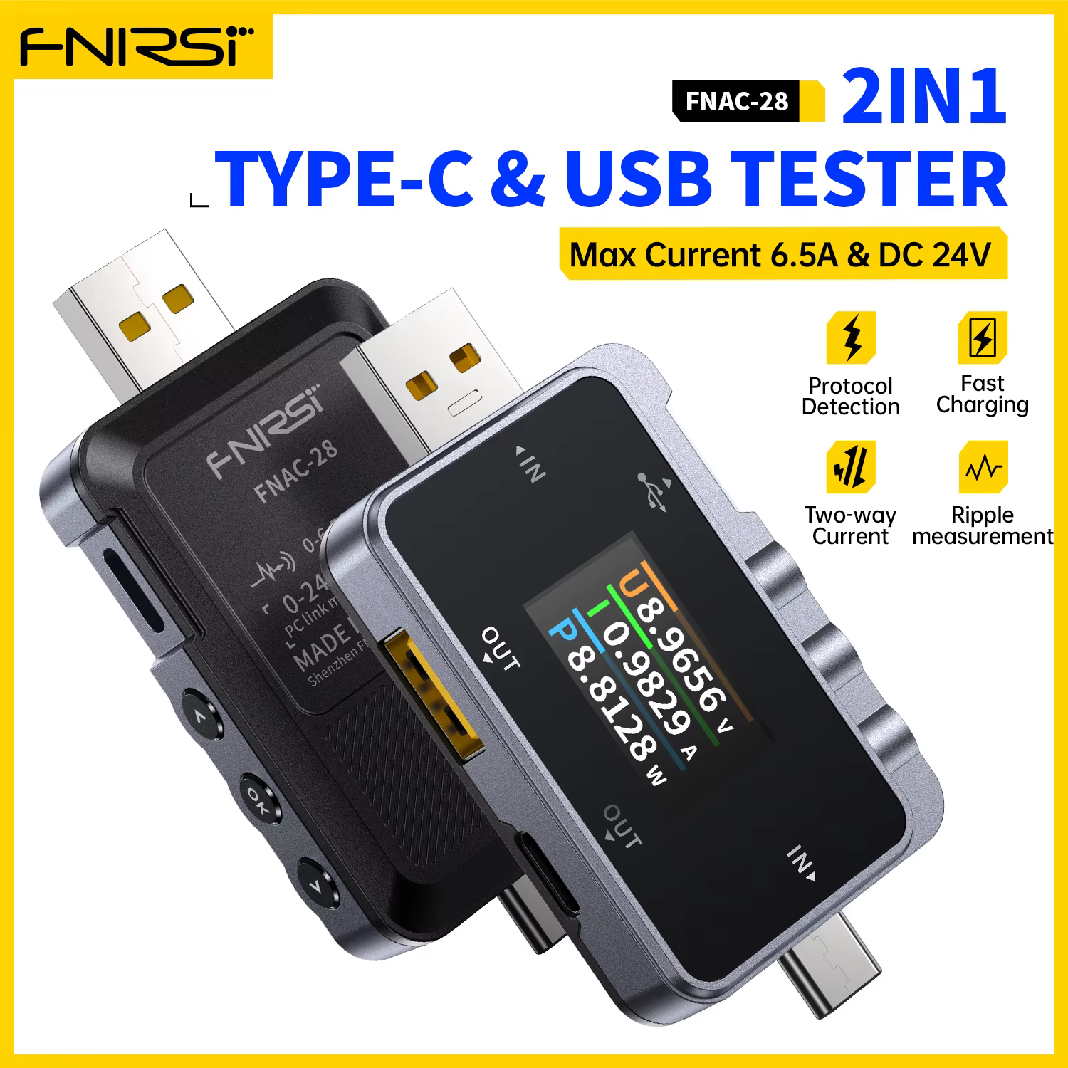 FNIRSI FNAC-28 testeur USB type-c 2-en-1 voltmètre numérique ampèremètre