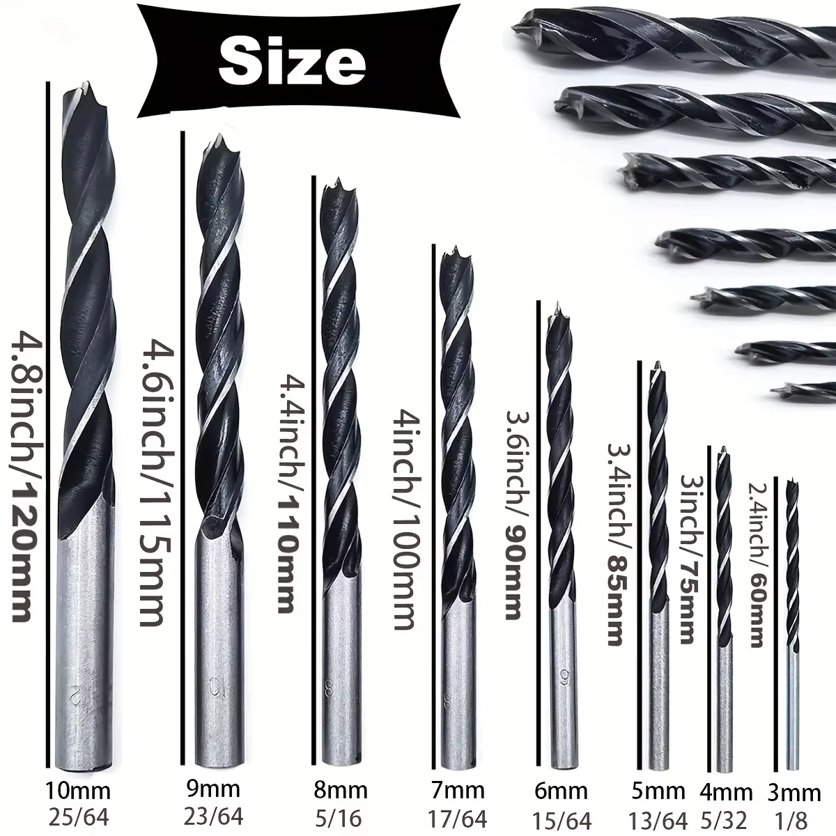 Forets à bois-8 pièces 3mm - 10mm pointe droite spirale torsion bois