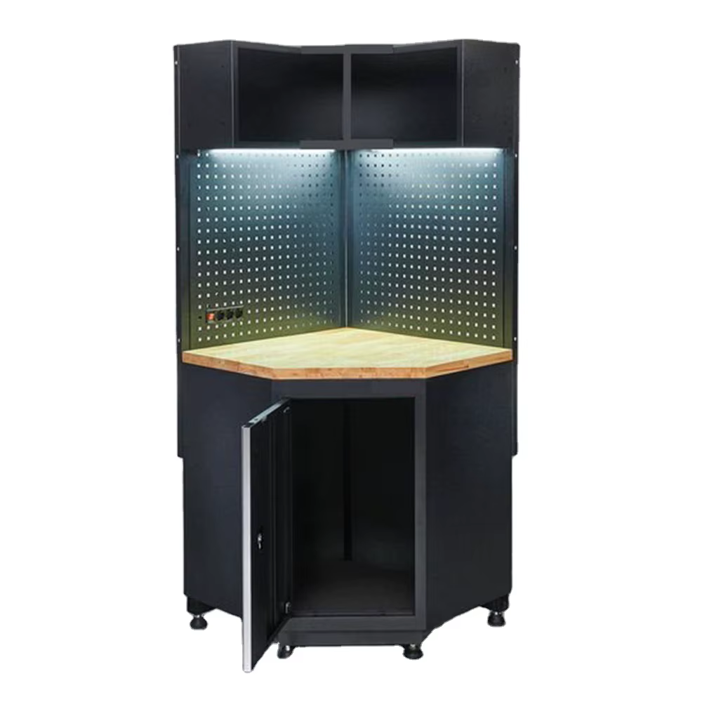 Armoire à outils avec plan de travail intégré en acier inoxydable et crochets latéraux
