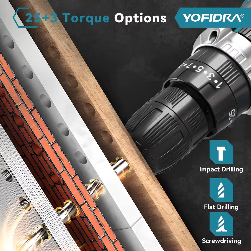 YOFIDRA 25 + 3 couple perceuse à percussion électrique 60N.M tournevis sans fil perçage ensemble d'outils domestiques pour Makita 18V batterie broche
