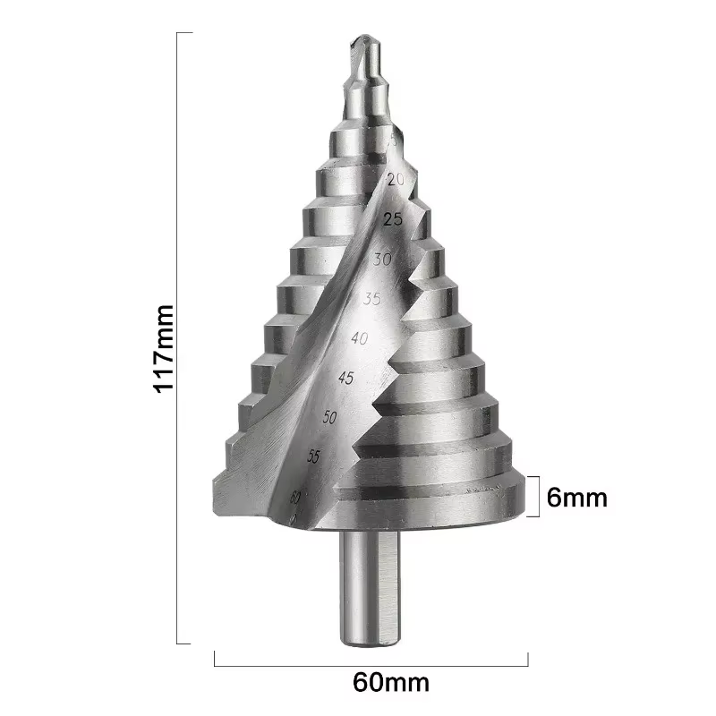 Foret étagé 6-60mm, rainure en spirale, coupe-trou de pagode, feuille de métal, foret conique, tige triangulaire, ouvre-trou étagé