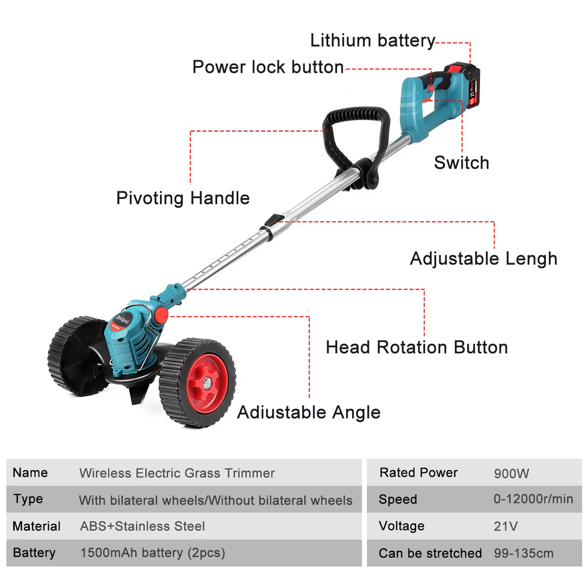 Drillpro-Tondeuse à Gazon Électrique Sans Fil 21V 900W