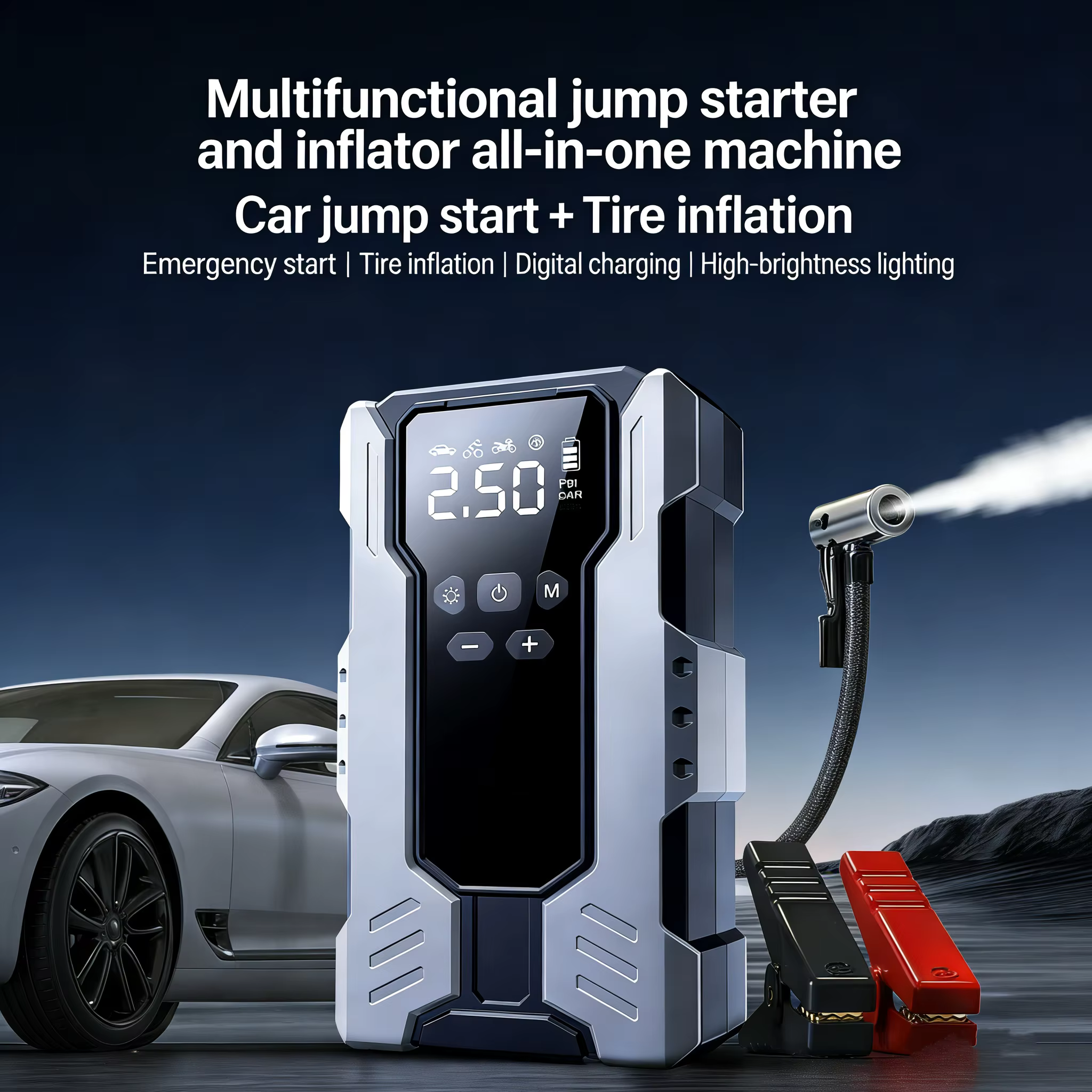 Démarreur de batterie de voiture portable multifonctionnel 7-en-1 avec pompe à air