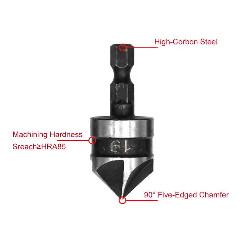 3PC Hexagonale Tige 90 Degrés Noir Cinq Lame Chanféreur 12/16/19mm Fraise Forage Bois Trou Ouvre Outil Ensemble