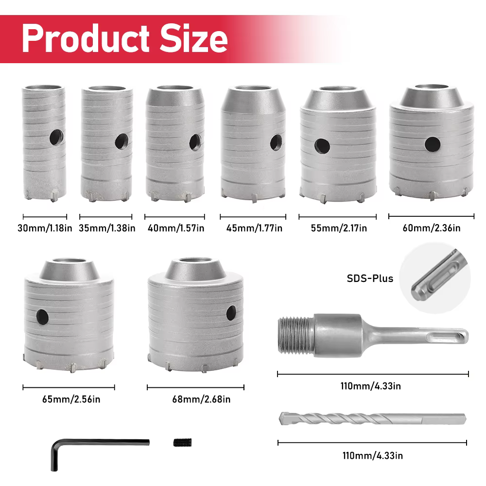 Ensemble de scies cloches pour murs en béton de 30 à 100 mm avec tige SDS Plus de 110 mm