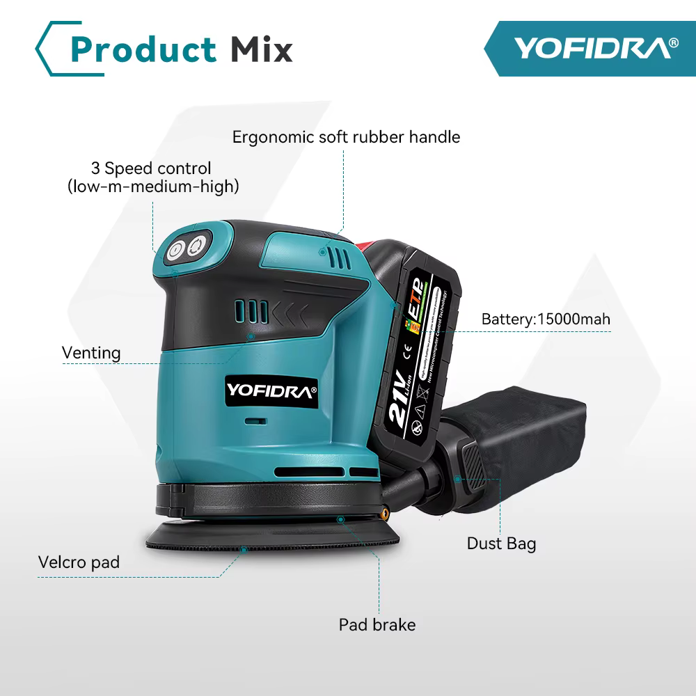 YOFIDRA 125MM ponceuse orbitale électrique sans fil 3 vitesses réglable Rechargeable polisseuse meuleuse Machine pour Makita 18V batterie