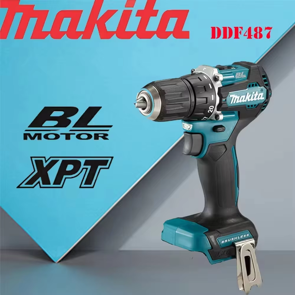 Makita Original DDF487 Perceuse-visseuse sans balais 18V, mandrin 10mm, 20 vitesses, outil rechargeable pour atelier et réparation domestique