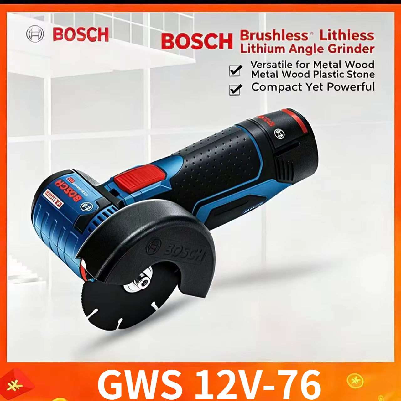 Nouvelle meuleuse miniature Bosch GWS 12V-76, blocage du mandrin pour un changement rapide des disques, boîtier durable pour un usage domestique et professionnel léger