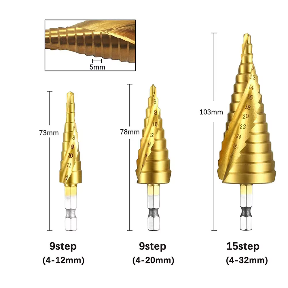 Jeu de forets étagés HSS coniques métriques, revêtement titane, pour métal et bois, à queue hexagonale