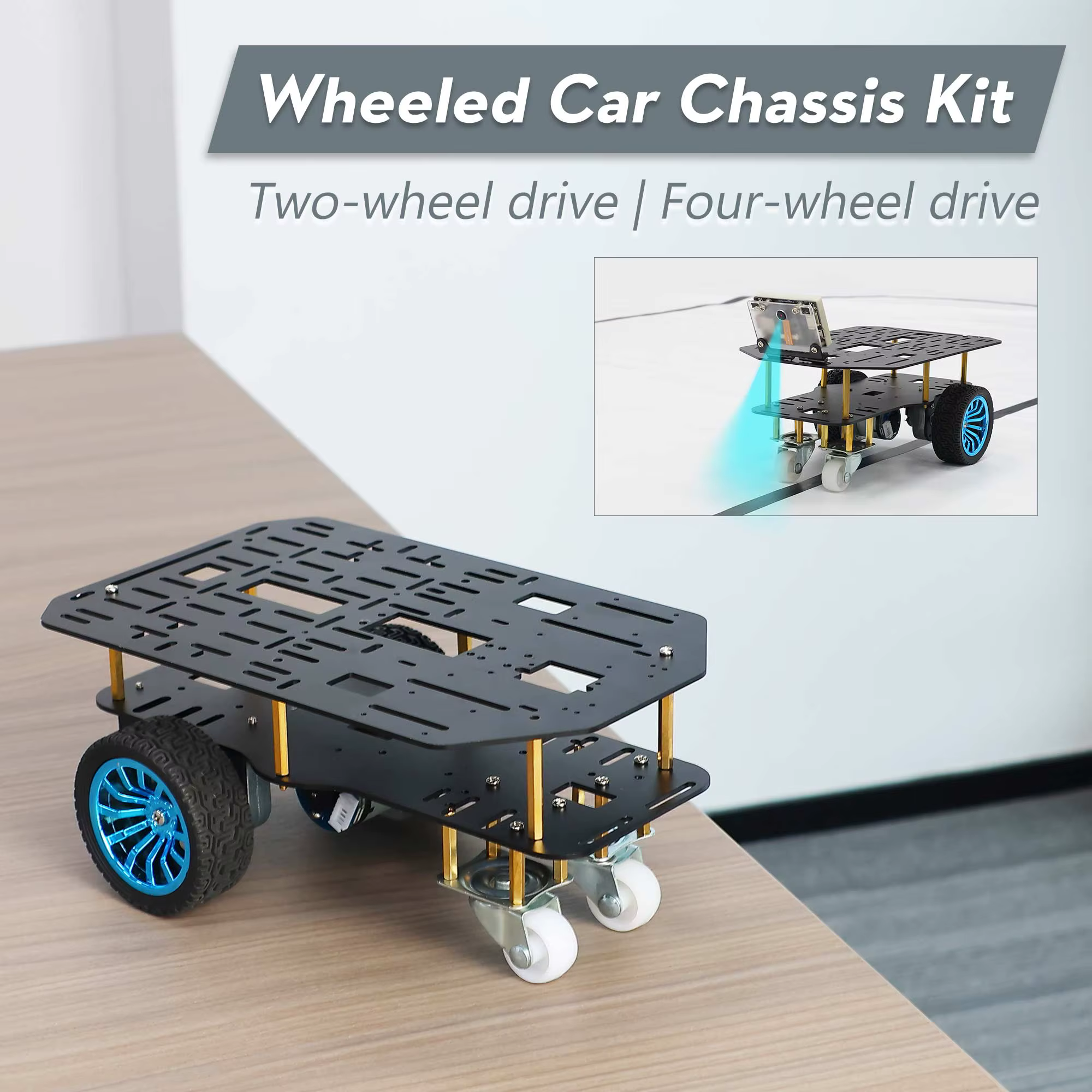 Mini châssis de voiture Robot intelligent, Kit en alliage d'aluminium à roues avec pneus en caoutchouc de 65MM, moteurs 520 de type L pour le développement électronique de bricolage