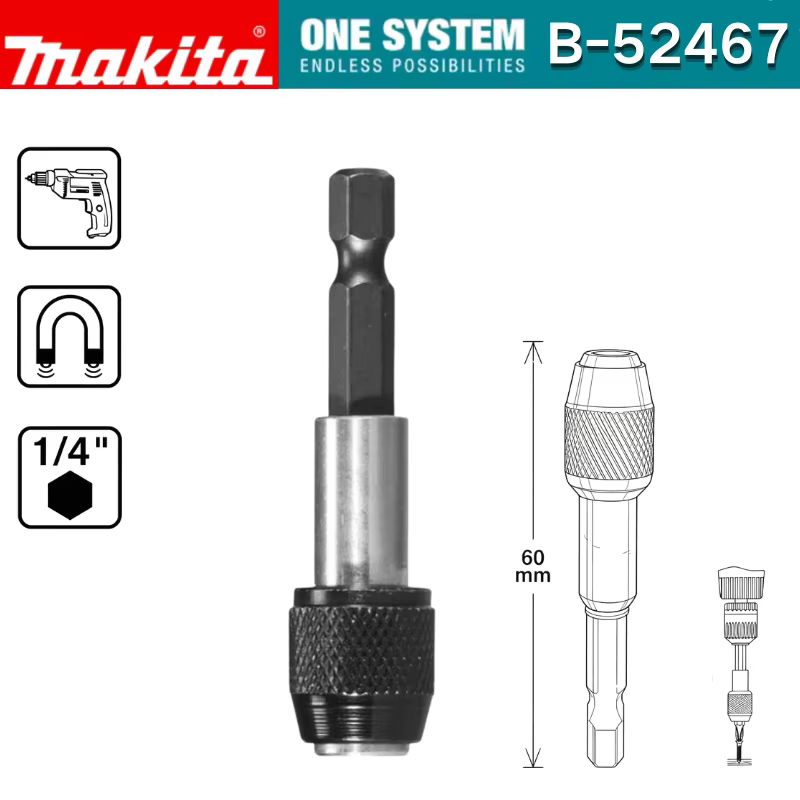 Makita B-52467 Foret à percussion magnétique 1/4"x60mm à monture hexagonale avec fixation de verrouillage supplémentaire