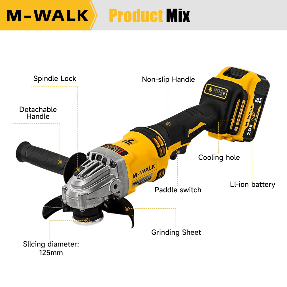 M-WALK Pour Dewalt 20V batterie broche sans brosse sans fil électrique meuleuse d'angle 100/125mm polissage rectifieuse coupe outils électriques