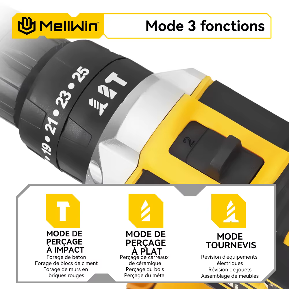 MELLWIN – perceuse à percussion électrique à couple 25 + 3