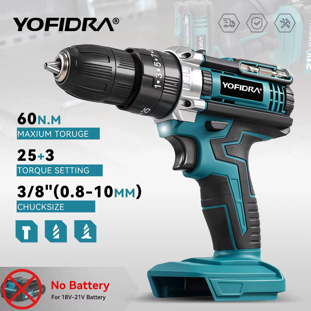 YOFIDRA 25 + 3 couple perceuse à percussion électrique 60N.M tournevis sans fil perçage ensemble d'outils domestiques pour Makita 18V batterie broche