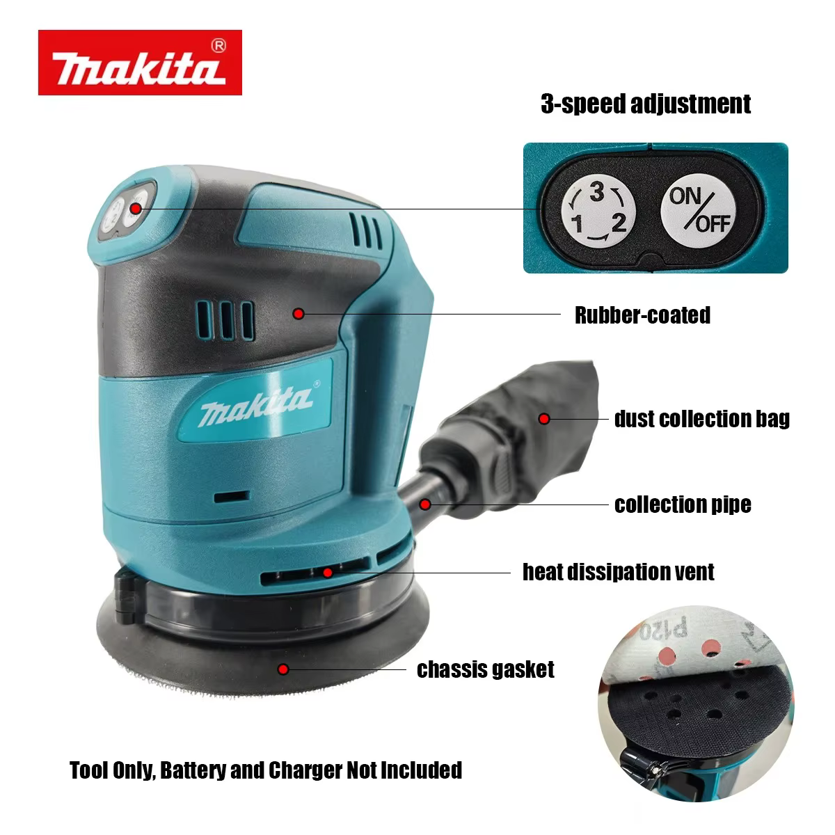 Ponceuse orbitale aléatoire sans fil Makita DBO180Z 18V pour le travail du bois
