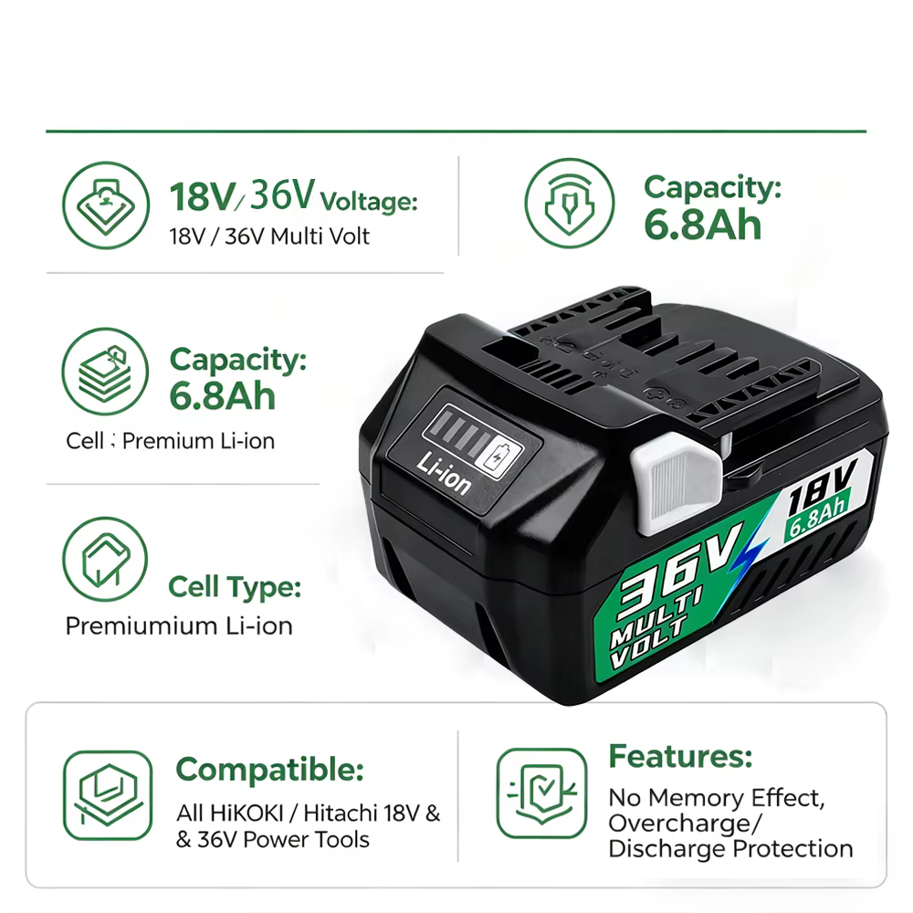 Batterie améliorée 6, 8 Ah pour Hitachi HiKOKI 36V/18V BSL1840 BSL1860 DS18DSL C18DSL