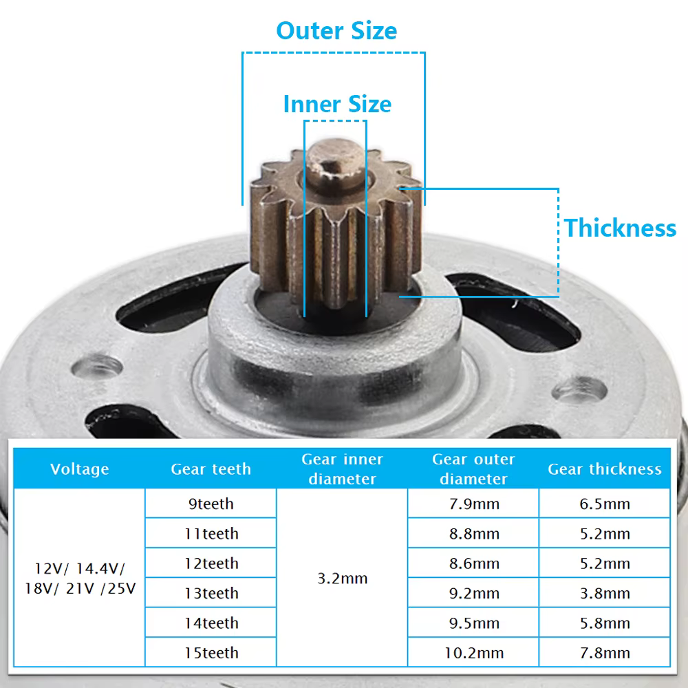 Moteur à courant continu RS550 12V 14.4V 16.8V 18V 25V 19500 tr/min avec 9 11 12 14 dents et boîte de vitesses à couple élevé pour perceuse/tournevis électrique
