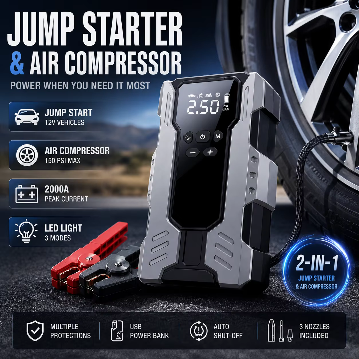Démarreur de batterie de voiture portable multifonctionnel 7-en-1 avec pompe à air
