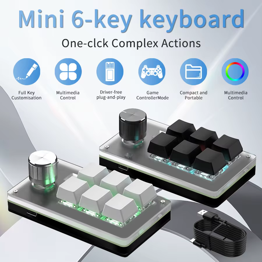 Clavier mécanique USB filaire RGB 6 touches 1 bouton rotatif, clavier de jeu programmable personnalisé, mini clavier pour Photoshop