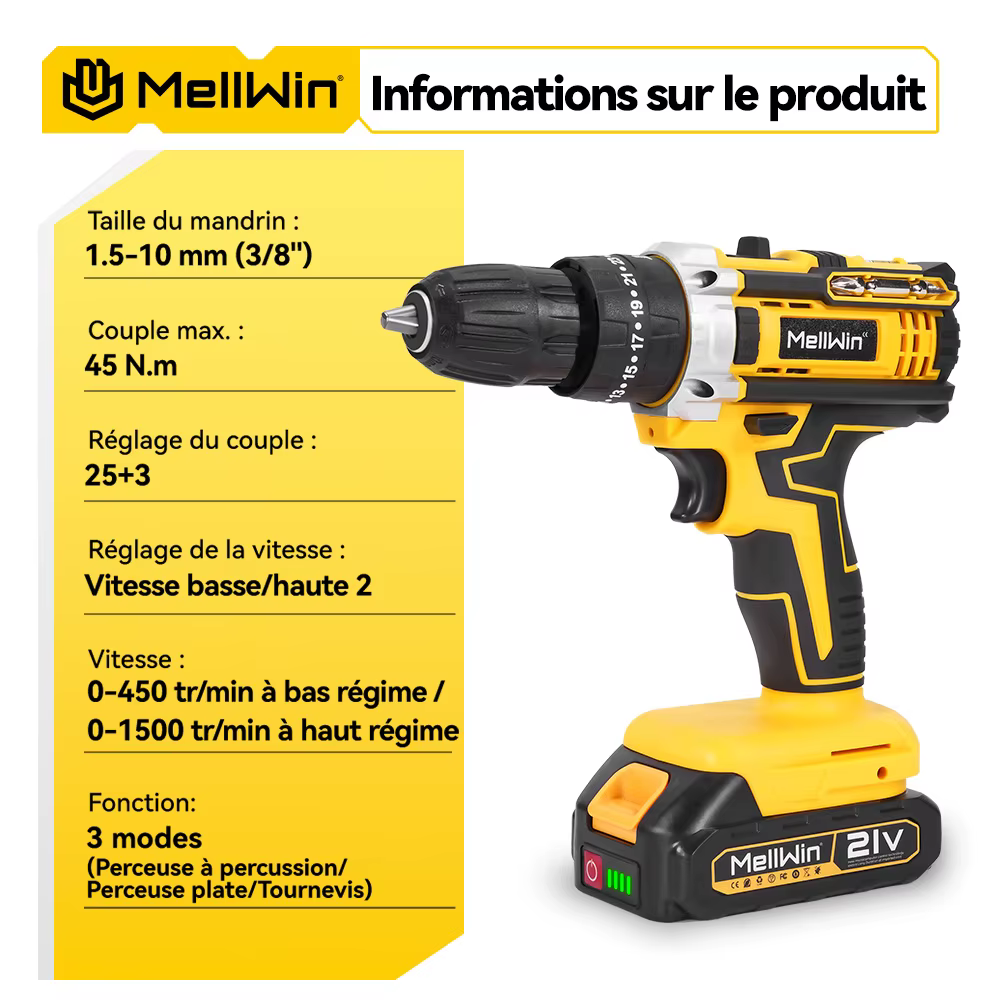MELLWIN – perceuse à percussion électrique à couple 25 + 3