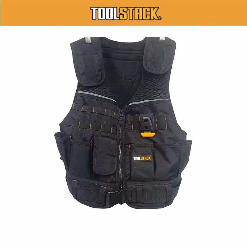Gilet de travail TOOLSTACK TSK-62, vêtement de travail, gilet de sécurité, multi-poches, veste à fermeture éclair, gilet de travail robuste pour travaux de construction, électriciens