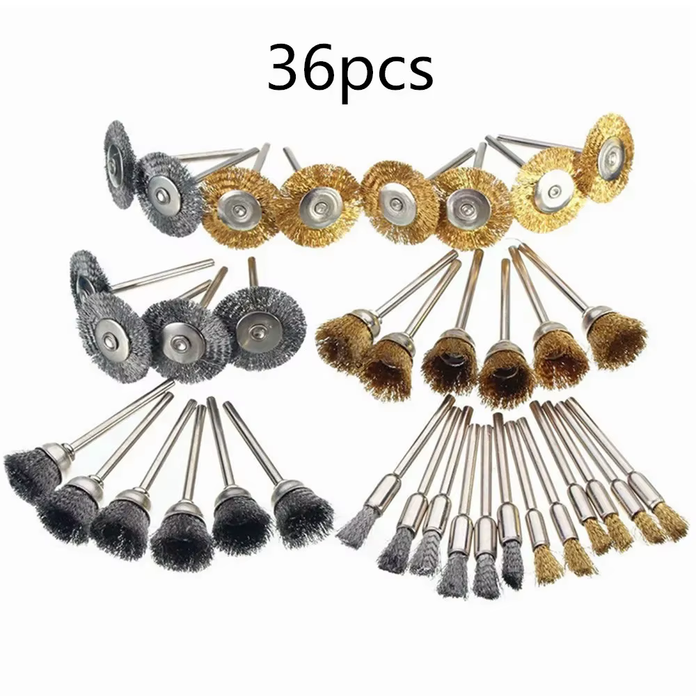 36 pièces brosse en laiton roues en fil d'acier brosses perceuse outils rotatifs polissage